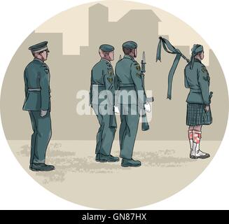 Soldato Bagpiper Marching cerchio acquerello Illustrazione Vettoriale