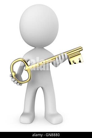 Dude 3D carattere tenere grandi Golden Key. Vista frontale. Foto Stock