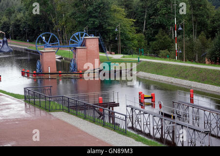 Vista della fune del verricello e water lock a Buczyniec in Elbag canal nella regione Warmian-Masurian, Polonia settentrionale. Costruito nel XIX secolo, Elblag a Ostroda Canal si occupa di 99.5m di differenza nei livelli di acqua per mezzo di un sistema di alaggio, serrature, dighe e cancelli di sicurezza. Cinque alaggio barche portano su terra asciutta sulla rotaia carrelli. Foto Stock