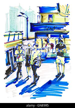Marcatori disegno su carta di street city Kiev Ucraina con buildi Illustrazione Vettoriale