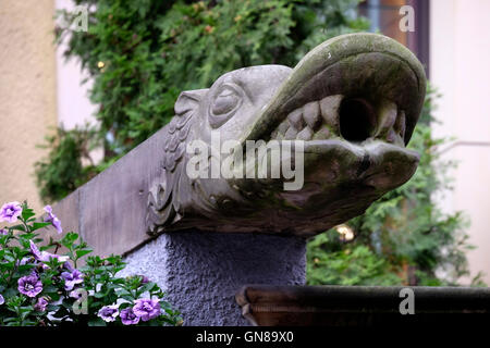 Gargoyle scolpito a forma di coccodrillo in via Mariacka, nella città vecchia di Danzica, nella Polonia settentrionale Foto Stock