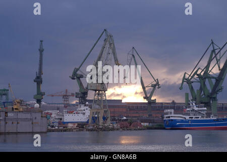 Vista di enormi gru di cantiere nella città di Danzica Polonia settentrionale Foto Stock