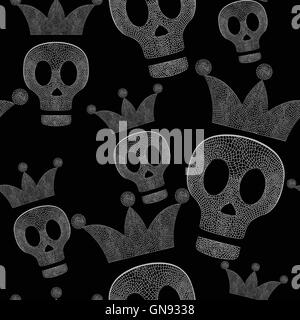 Teschi con corone su sfondo nero - seamless pattern psichedelico Illustrazione Vettoriale
