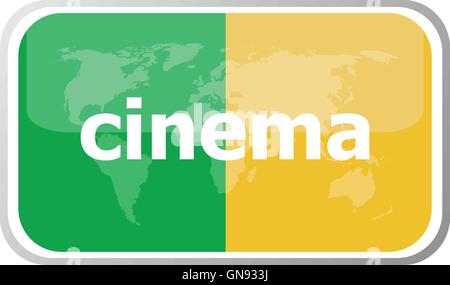 Cinema parola sul vettore web icona pulsante isolato su bianco. Mondiale della Terra mappa icon illustrazione vettoriale. Illustrazione Vettoriale