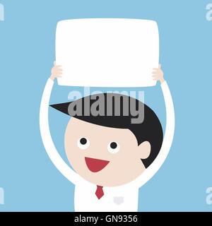 Imprenditore azienda grandi fogli di carta bianca sopra la testa, design piatto, vect Illustrazione Vettoriale