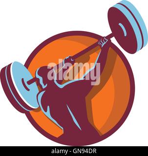 Weightlifter Swinging Barbell Cerchio posteriore retrò Illustrazione Vettoriale