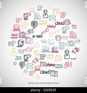 Multicolor scarabocchi disegnati a mano icone News impostato su Bianco. EPS10 illustrazione vettoriale. Illustrazione Vettoriale