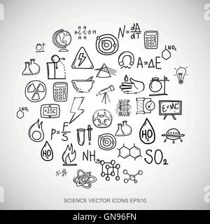 Scarabocchi nero disegnato a mano le icone della scienza impostata sul bianco. EPS10 illustrazione vettoriale. Illustrazione Vettoriale