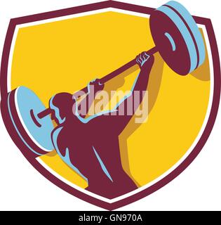 Weightlifter Swinging Barbell posteriore retrò di cresta Illustrazione Vettoriale