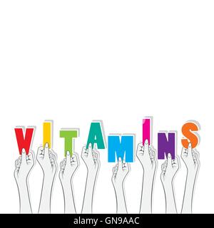 Vitamine testo tenere in mano la progettazione Illustrazione Vettoriale