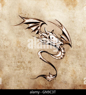 Funny little dragon. Schizzo di arte del tatuaggio, elegante fantasia monst Foto Stock