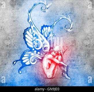 Schizzo di arte del tatuaggio, fata con ali di farfalla Foto Stock