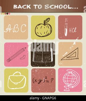 Si torna a scuola disegnati a mano poster. Illustrazione Vettoriale