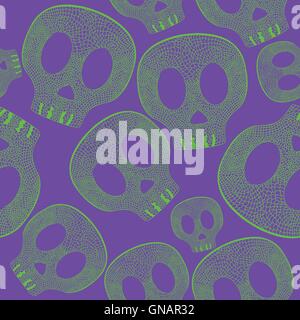Vividl teschi su sfondo viola - seamless pattern psichedelico Illustrazione Vettoriale