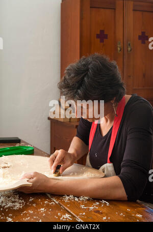 La foresta dei violini, Paneveggio, Italia. Giovanna Chittò, liutaio (liutaio), utilizzando un piano di legno di forma per un violoncello nella sua officina Foto Stock