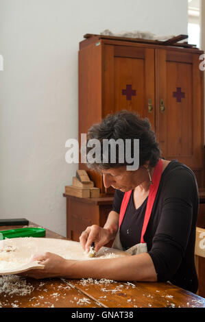 La foresta dei violini, Paneveggio, Italia. Giovanna Chittò, liutaio (liutaio), utilizzando un piano di legno di forma per un violoncello nella sua officina Foto Stock