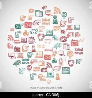 News Multicolor scarabocchi disegnati a mano icone News impostato su Bianco. EPS10 illustrazione vettoriale. Illustrazione Vettoriale