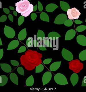 Rose fiori seamless pattern su sfondo nero. Illustrazione Vettoriale. Illustrazione Vettoriale