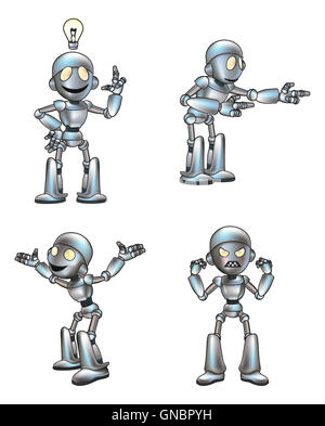 Un cartoon carino mascotte robot in pose diverse Foto Stock