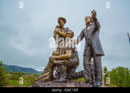 La scultura di Mormon pioneer famiglia in Salt Lake City Utah Foto Stock