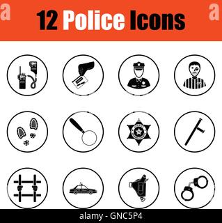 Set di icone di polizia. Cerchio sottile design. Illustrazione Vettoriale. Illustrazione Vettoriale