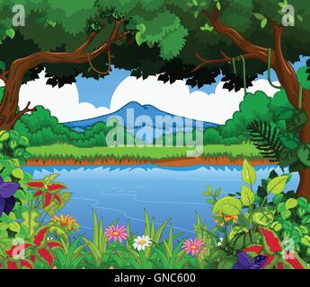 La bellezza del lago con vista del paesaggio sullo sfondo Illustrazione Vettoriale