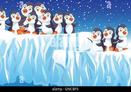 Divertente la famiglia dei pinguini di neve sullo sfondo del paesaggio Illustrazione Vettoriale