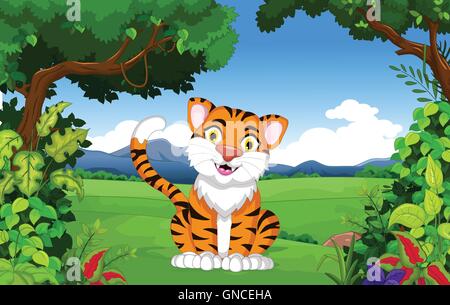Tiger cartoon nella giungla Illustrazione Vettoriale