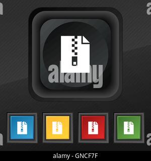 Computer la cartella zip, archivio icona simbolo. Set di cinque colorate, eleganti pulsanti sulla texture nera per il vostro design. Vettore Illustrazione Vettoriale