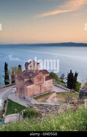 San Giovanni Kaneo chiesa al tramonto, il lago di Ohrid Macedonia Foto Stock