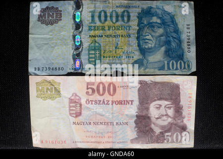 A 500 e a 1000 forint ungherese Banca Nazionale note Foto Stock