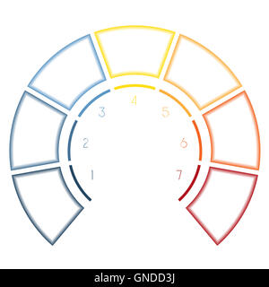 Modello numerato Infographics colorato semicerchio per sette opzioni numero, fasi e aree di testo Foto Stock