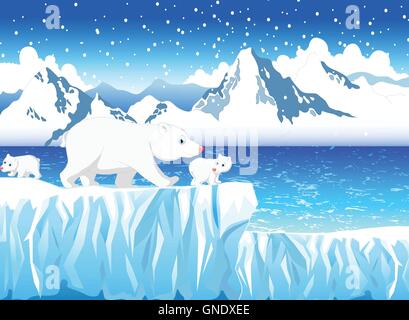 Funny polar bear famiglia montagna di neve sullo sfondo del paesaggio Illustrazione Vettoriale