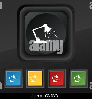 Lettura lampada-icona simbolo. Set di cinque colorate, eleganti pulsanti sulla texture nera per il vostro design. Vettore Illustrazione Vettoriale