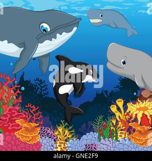 Balene cartoon con vista subacquea e sfondo di corallo Illustrazione Vettoriale