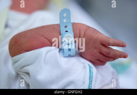 Dresden, Germania. Il 22 agosto, 2016. Un neonato si trova in un letto sulla settimana ward dei figli della donna e del centro per la fibrosi cistica lo screening dell'ospedale universitario Carl Gustav Carus a Dresda (Germania), 22 agosto 2016. I neonati possono ora essere testati per fibroris cistica su tutto il territorio nazionale. Lo screening per la diagnosi precoce del raro, ereditabile malattia metabolica verrà introdotto il 1 settembre 2016. Foto: Arno Burgi/ZB/dpa/Alamy Live News Foto Stock