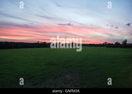 Lambourn, UK. 31 Agosto, 2016. Il sole tramonta dietro Membury stazione trasmittente, vicino membury servizi sulla M4 dopo ancora un altro giorno caldo. Credito: Daniel Crawford/Alamy Live News Foto Stock