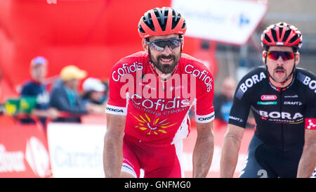 Peña Cabarga, Spagna. 31 Agosto, 2016. Girolamo cugino (Cofidis) termina l'undicesima tappa della corsa di ciclismo de 'La Vuelta a España " (Tour di Spagna) tra Colunga e Peña Cabarga su agosto 31, 2016 a Peña Cabarga, Spagna. Credito: David Gato/Alamy Live News Foto Stock