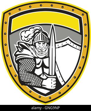 Knight Full Armor aprire la visiera spada scudo retrò di cresta Illustrazione Vettoriale