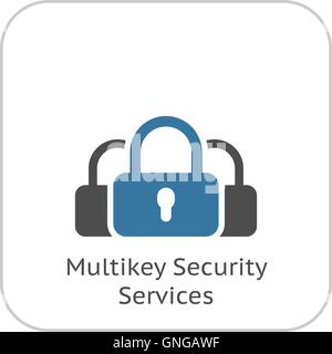 Multikey Security Services e la relativa icona. Design piatto. Illustrazione Vettoriale