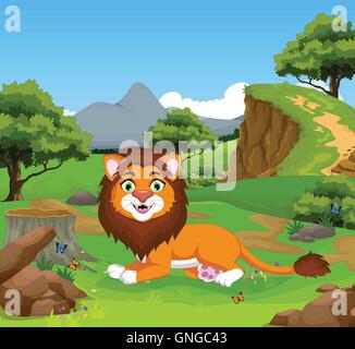 Funny lion cartoon nella giungla con lo sfondo del paesaggio Illustrazione Vettoriale