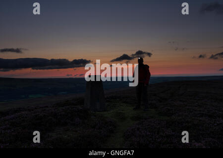 Walker con torcia da testa sul Vertice di Catterick collina di notte con il cielo dietro a partire per schiarire, Weardale, County Durham Foto Stock