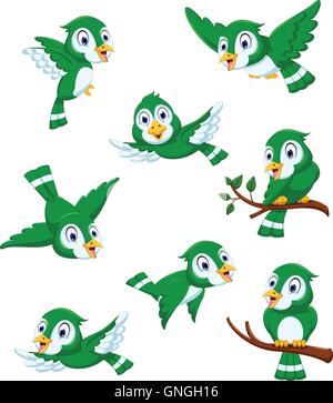 Set di grazioso uccello verde cartoon Illustrazione Vettoriale