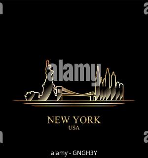 Oro silhouette di New York su sfondo nero Illustrazione Vettoriale