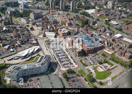 Rochdale centro città ri-sviluppo, ripresa dall'aria, Nord Ovest Inghilterra,UK Foto Stock