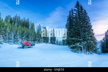 Strade innevate attraverso la foresta alpina, in Austria Foto Stock