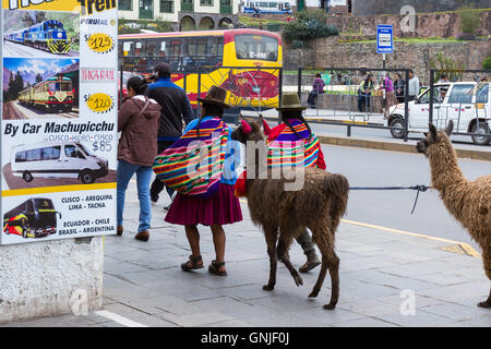 Cusco, Perù - 13 Maggio: Native Cusco donne camminando sul marciapiede con giovani llama. Il 13 maggio 2016, Cusco Peru. Foto Stock