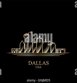 Silhouette di oro di Dallas su sfondo nero Illustrazione Vettoriale