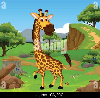 Funny giraffa cartoon nella giungla con lo sfondo del paesaggio Illustrazione Vettoriale
