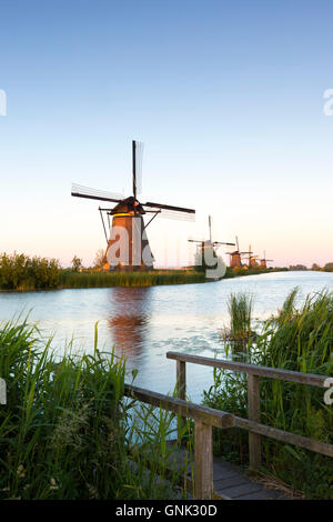 Gruppo di autentici mulini a vento a Kinderdijk UNESCO World Heritage Site, polder e dyke, Holland, Paesi Bassi Foto Stock